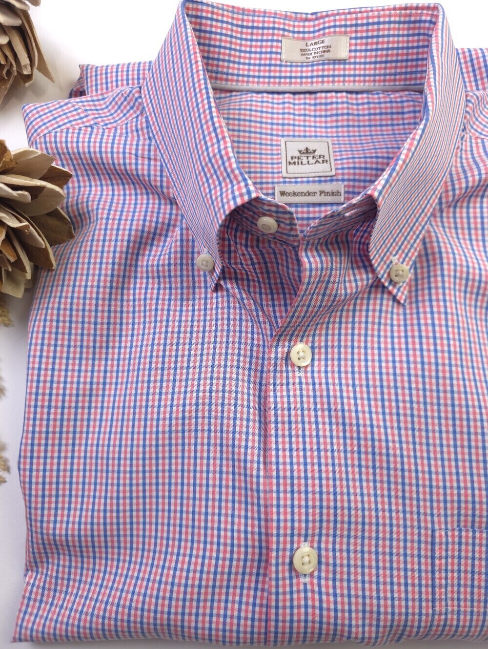 Peter Millar Blue and Pink Plaid Dress Long Sleeve Shirt Sz L